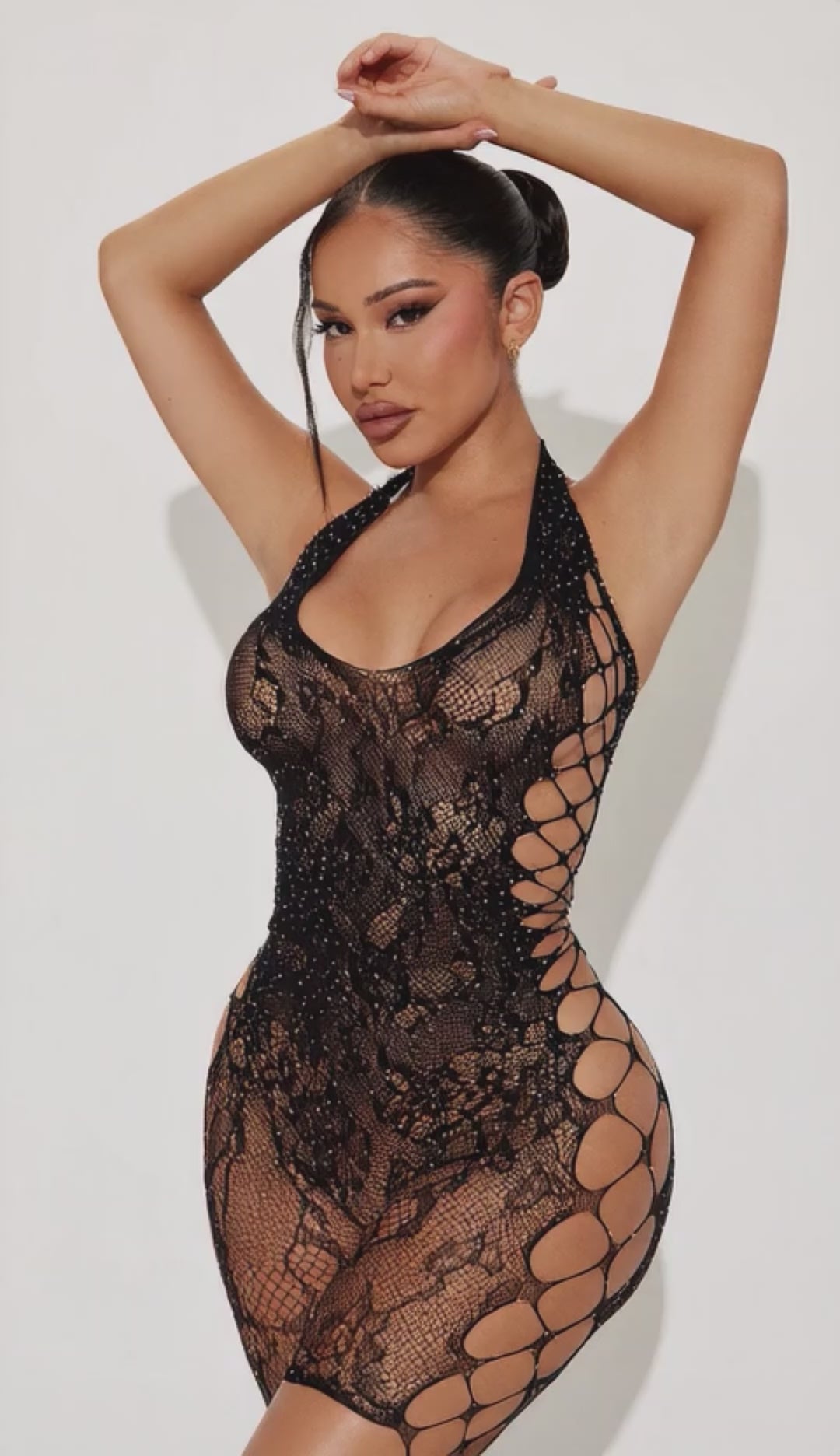 Vestido Arrastão Frente Única com Recortes Vazados – Lingerie Sensual Feminina – Tamanho Único