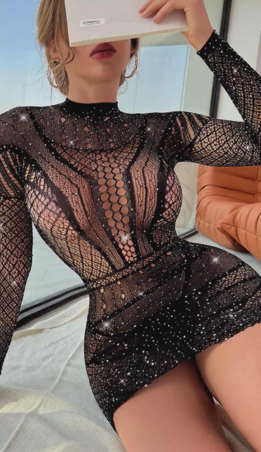 Body de Tule Transparente com Strass – Lingerie Brilhante Sensual – Preto – Tamanho Único (Veste P ao G)